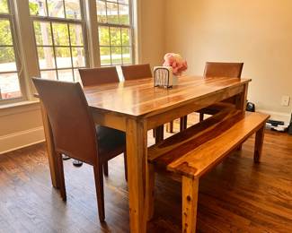 Wood Dining Table with 4 leather seats and bench
