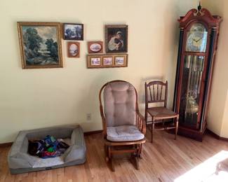 Grandfather clock is by Colonial, Glider Rocker & a Rushed Weaved Vintage Chair