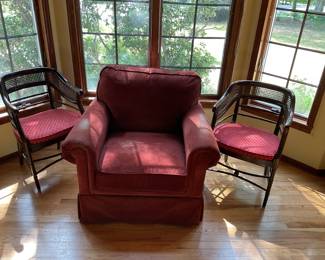 A pair of Caned Back Chairs. A comfy upholstered chair, but worn. Free for the taking!