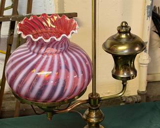 Vintage brass student lamp with Fenton candy, cane, glass shade