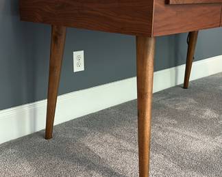 F55 - $650. Crate & Barrel "Tate" Desk. Measures 5' long x 30" deep x 30" tall. Solid Walnut & Walnut Veneer. Integrated Power Strip with 2 USBs and 2 - 3 prong outlets. Still on website. Excellent condition!