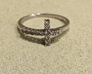 Sideways Cross Ring w/ Illusion Set Diamond Accents - 925 Sterling Silver