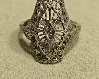 Art Deco Filigree Ring w/ Diamond Chip - 14k White Gold