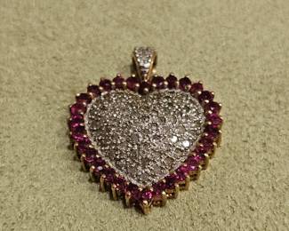 Heart Pendant w/ Pave Set Diamond & Ruby Accents - 14k Yellow Gold