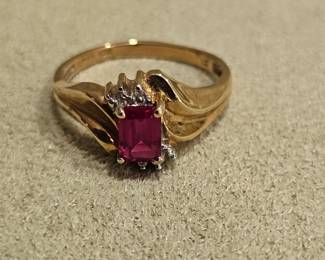 Ring with Ruby Center & Diamond Accents - 10k Yellow Gold