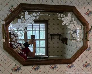 Vintage Octagon Wall Mirror Featuring A Solid Oak Frame Etched Rose Designs On The Glass And Brass Hooks