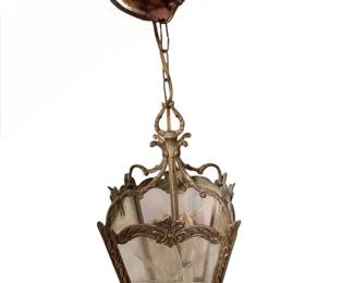 Vintage Hanging Antique Brass And Etched Glass Lantern