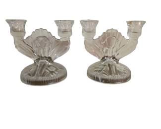 Pair of Vintage Jeannette Glass Iris and Herringbone Pattern Double Candle Holder in Clear Glass