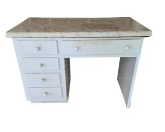 Vintage Style Wooden Desl With a White Painted Frame And a Faux Marble Top