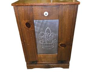 Pine Wood Trash bin Cabinet Features A Decorative Metal Front Panel With A Fruit Basket Design