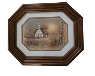 Vintage 80s Oval Octagon Oak Framed Matted Church Meadow Print