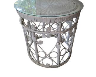 Vintage Wicker End Table Featuring Intricate Scrollwork and a Round Glass Top