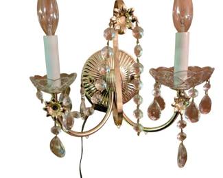 Pair of Lighted Crystal Wall Sconces Features A Gold Toned Finish And Decorative Glass Prisms