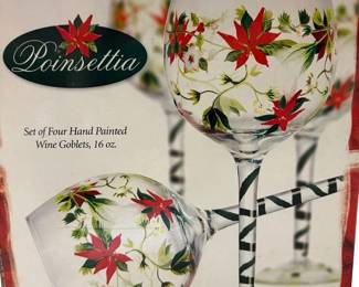 Poinsettia Hand Painted Wine Goblets