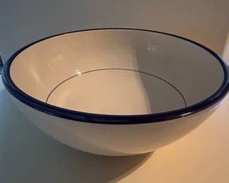 Large Enamelware Serving Bowl with Blue Rim