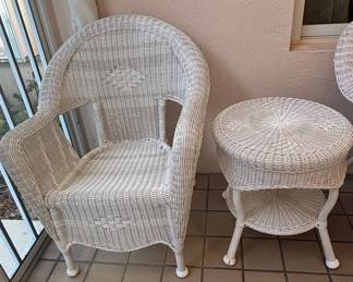 White Wicker Armchair and Side Table Set