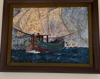 Vintage Maritime Oil Painting of a Sailboat
