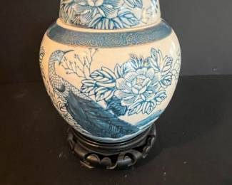 Blue and White Porcelain Ginger Jar with Peacock and Floral Motif
