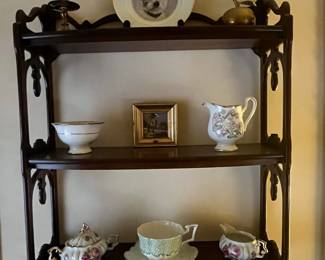 Victorian Style Etagere Shelf with Porcelain Tea Set and West Highland White Terrier Plate