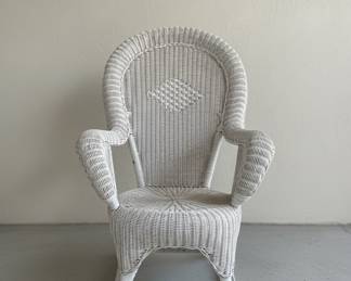 Vintage White Wicker Rocker with Diamond and Sunburst Patterns