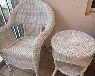 White Wicker Armchair and Side Table Set