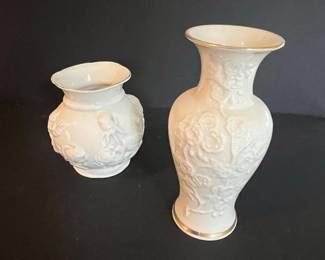 Pair of Lenox Porcelain Vases with Gilded Rim and Embossed Floral Design