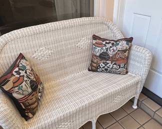 Vintage White Wicker Loveseat with Decorative Pillows