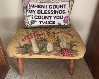 Vintage Needlepoint Footstool with "When I Count My Blessings, I Count You Twice" Pillow