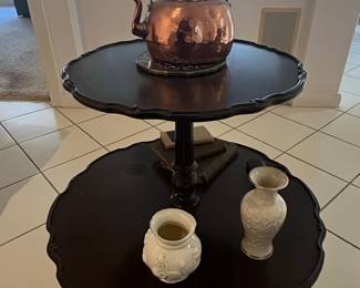 Antique Copper Kettle and Two Vases on a Pie Crust Dumbwaiter Table