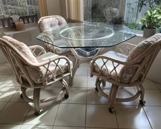Rattan Swivel Caster Dining Set with Glass Top