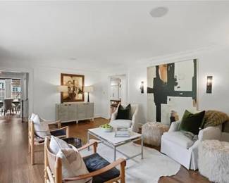 Chute club chairs, credenza, hide rugs