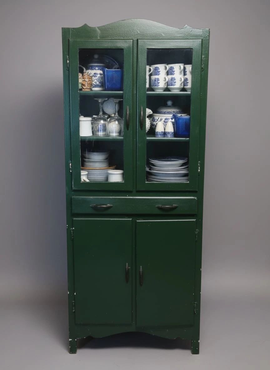 Vintage Emerald Green Kitchen Cabinet or Hoosier Style Cabinet