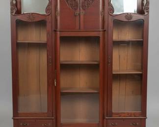 Antique Carved Mahogany Curved Glass China Cabinet