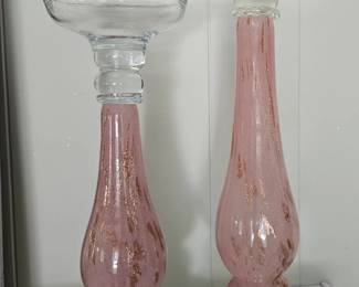 Pink Glass Candlesticks with Gold Flecks second image