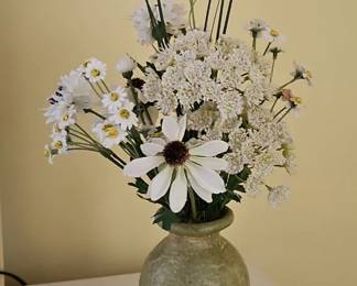White Daisy and Cosmos Floral Arrangement in Mottled Green Vase