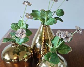 Gold Tone Vases with Faux Flowers