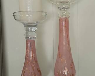 Pink Glass Candlesticks with Gold Flecks