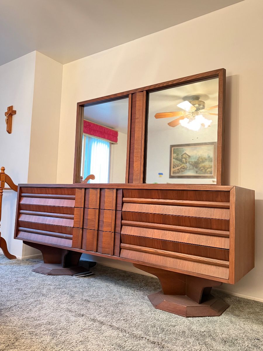 Mid century modern 3 dimensional danish brutalist 9 drawer dresser with matching furniture available 