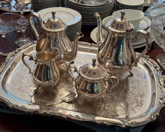 Silver plated, coffee, and tea, service with cream and sugar and serving tray