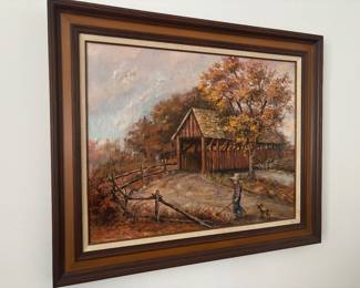 Covered bridge oil painting