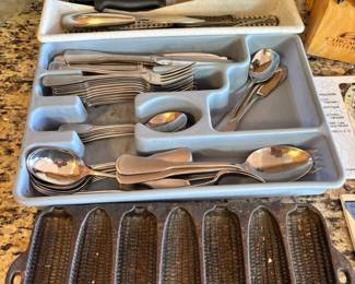 Cutlery, silverware, cast iron cornbread baking pan
