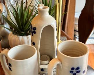 Pottery mugs, candle holder