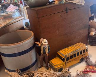 antique wood box, stoneware, John Wayne