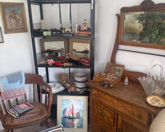 antique oak wash stand , bentwood chair with cane seat