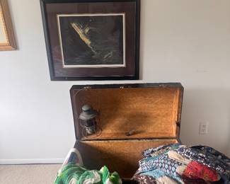 antique trunk, vintage afghan