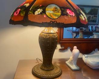 Early electric solid bronze lamp with hand blown shade one shade panel has been replaced with opaque glass