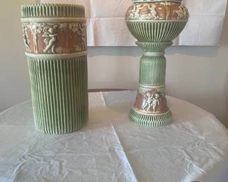 Roseville Corinthian umbrella stand, pedestal and jardiniere