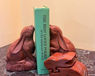 RABBIT BOOKENDS AND WOODEN PUZZLE