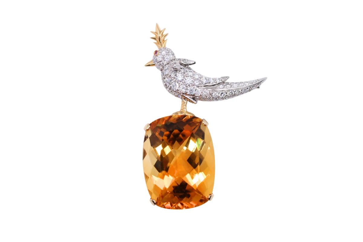 Tiffany  Co. Schlumberger Bird on a Rock Citrine Diamond Platinum  18K Gold Brooch with GIA
