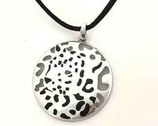 Cartier Panthere Black Lacquer Green Tsavorite Eyes 18K White Gold Cord Medallion Pendant Necklace